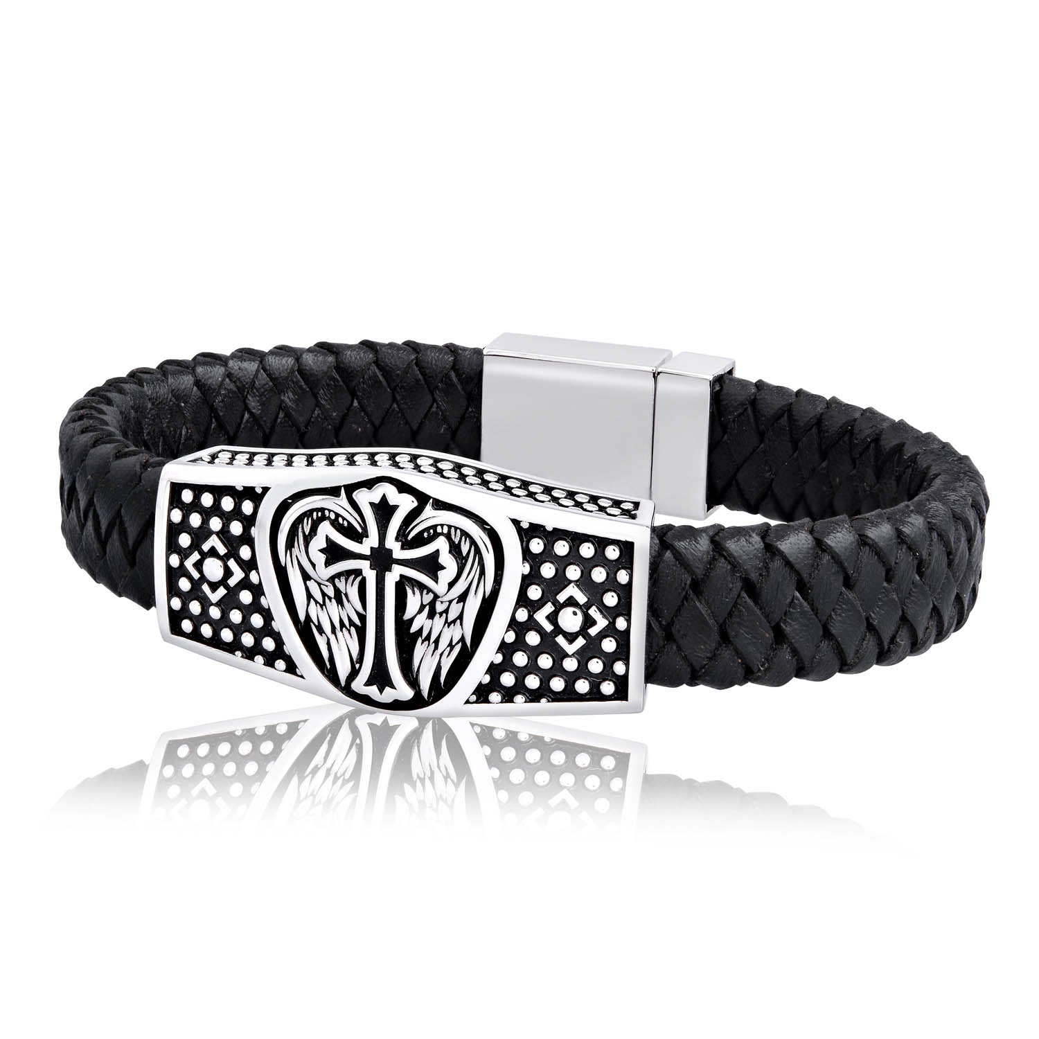 Guardian Wing and Cross Leather Band Bracelet