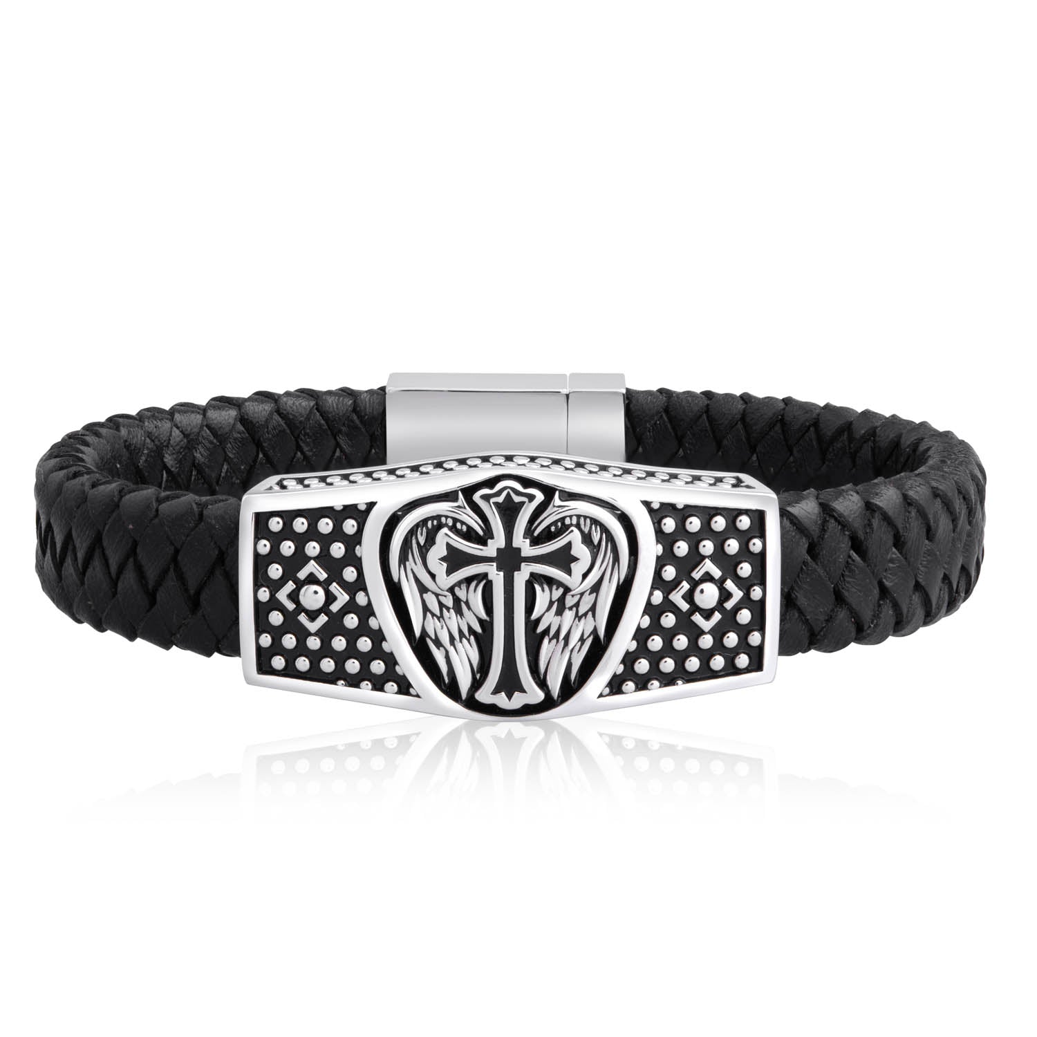 Guardian Wing and Cross Leather Band Bracelet