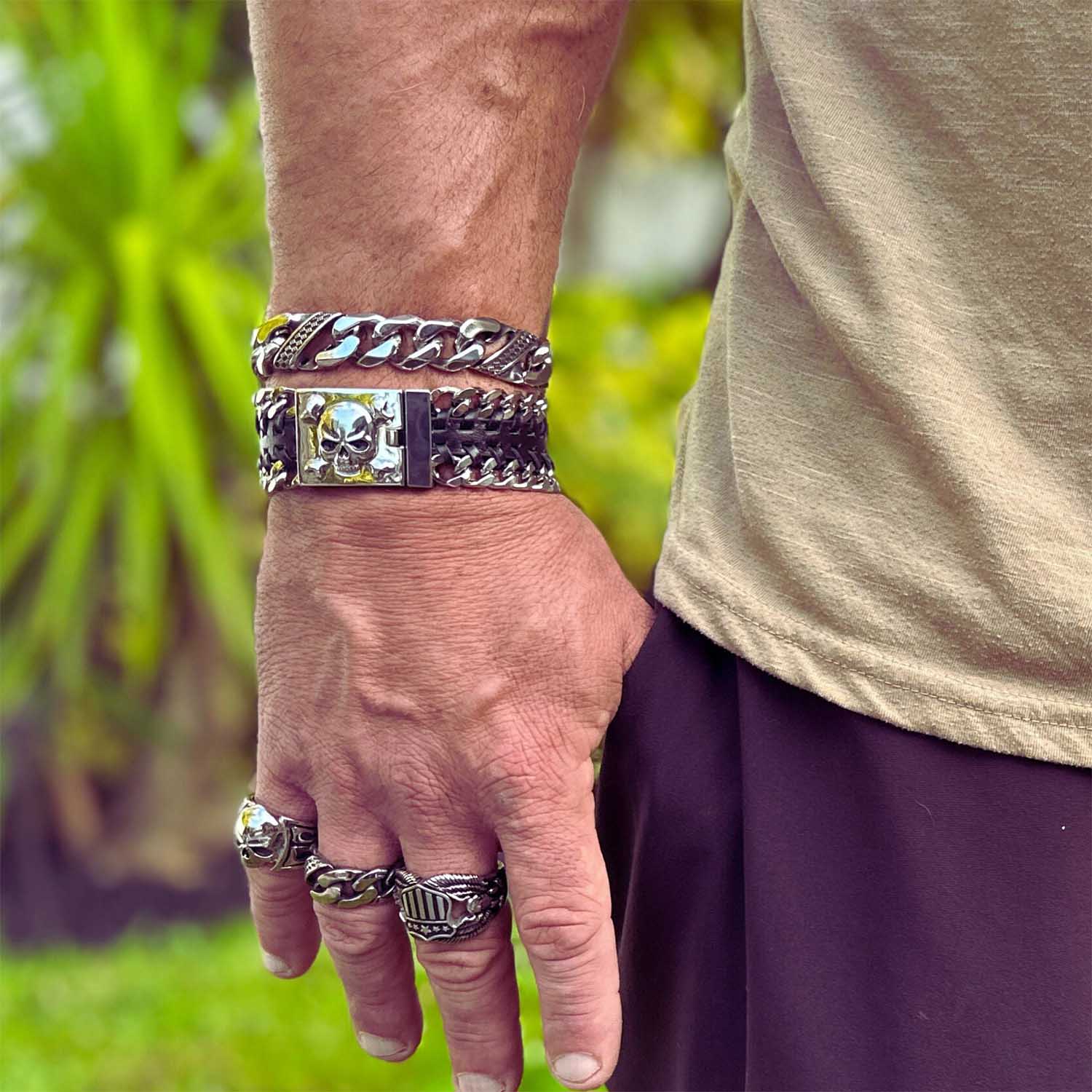 Skull & Bones Leather & Chain Bracelet Steel Horse Jewelry