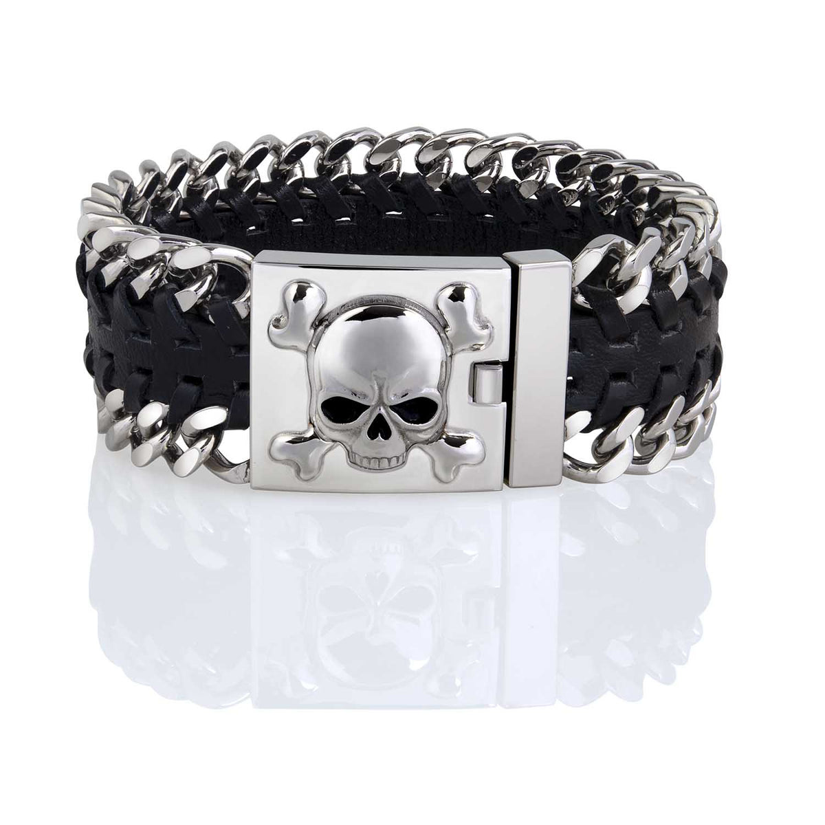 Skull &amp; Bones Leather &amp; Chain Bracelet Steel Horse Jewelry