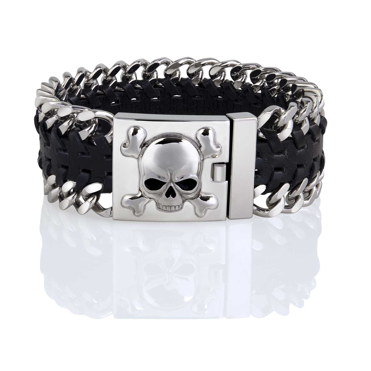 Skull & Bones Leather & Chain Bracelet Steel Horse Jewelry