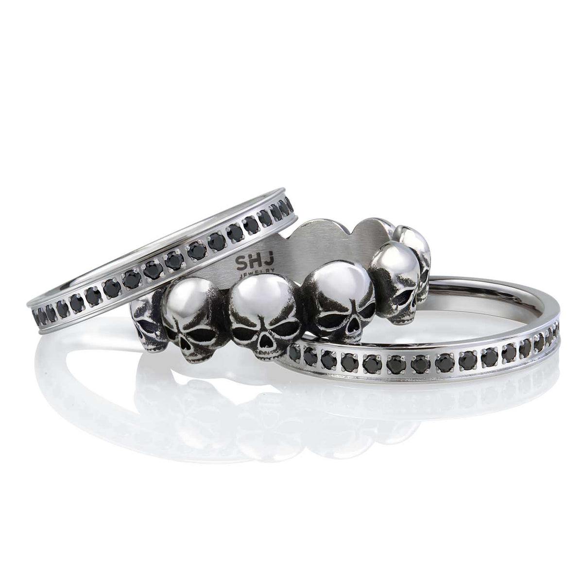 Tempest Skull &amp; Stone Stacking Ring Set Steel Horse Jewelry