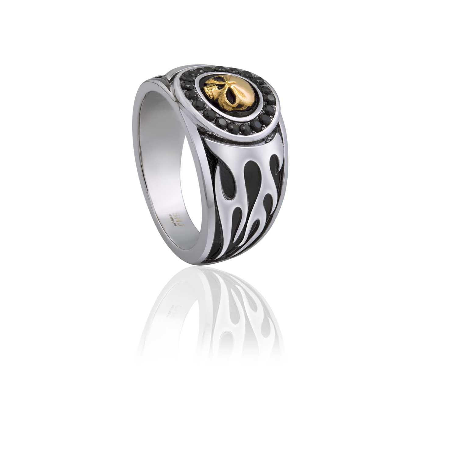 Gold Skull & Flames Signet Ring