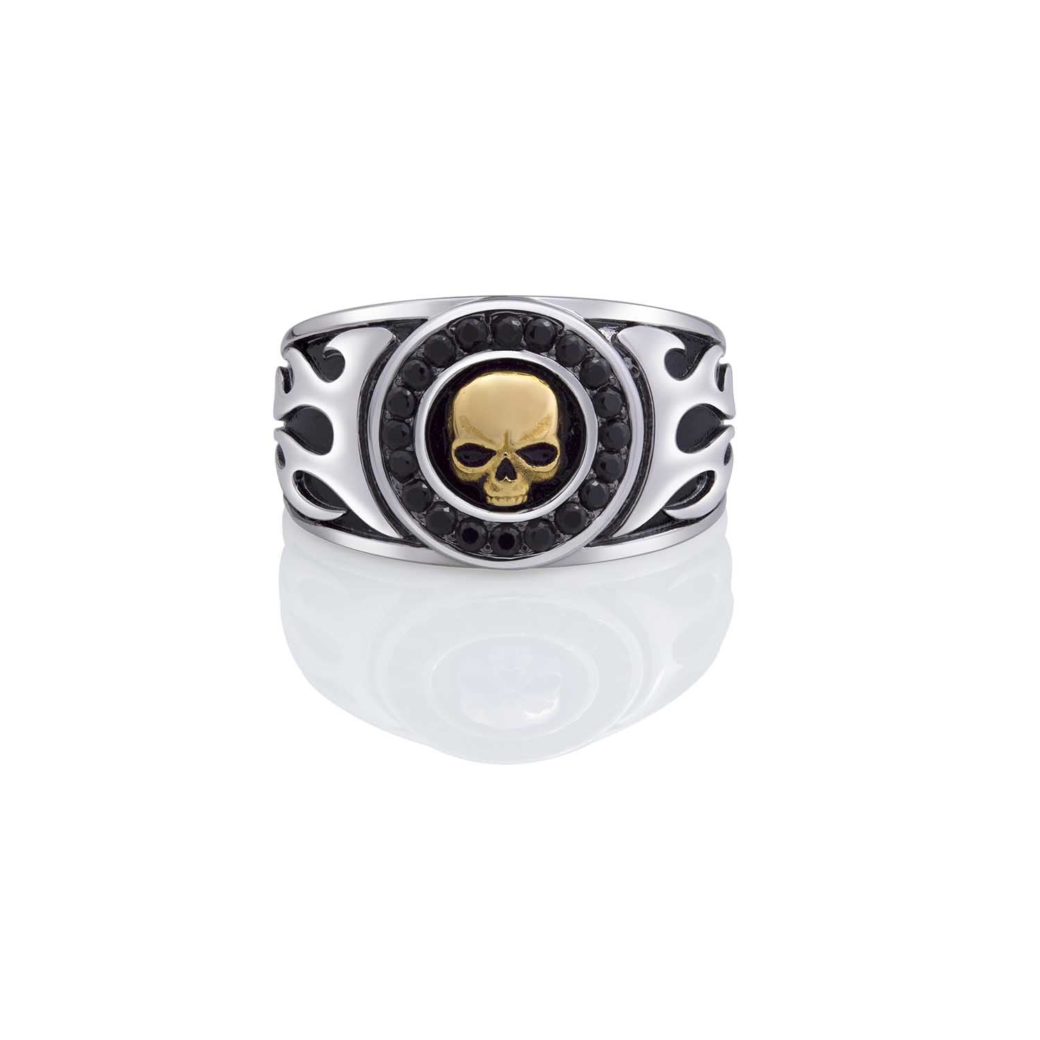 Gold Skull & Flames Signet Ring Steel Horse Jewelry