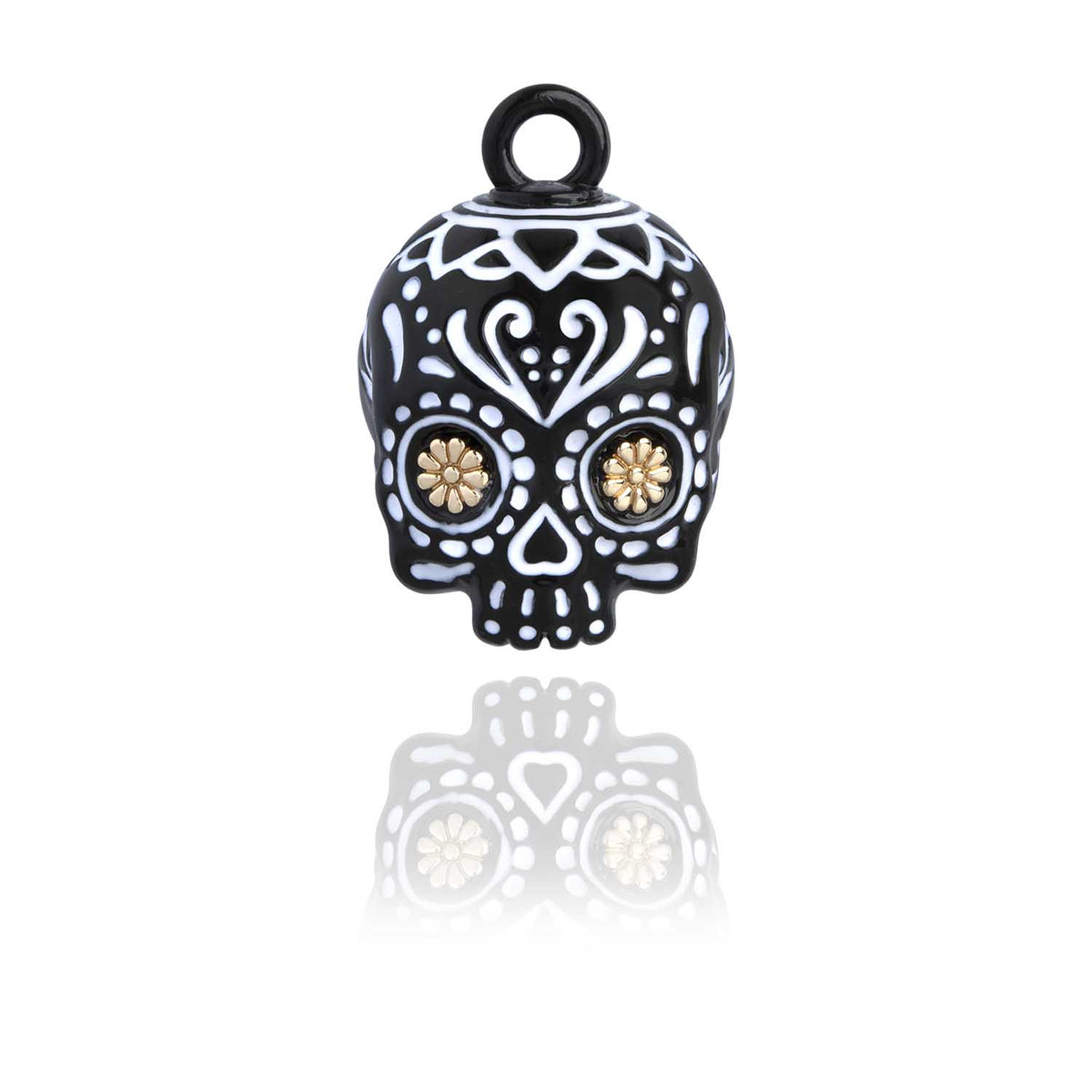 Black Skull Road Bell with Gold Flower Eyes Steel Horse Jewelry