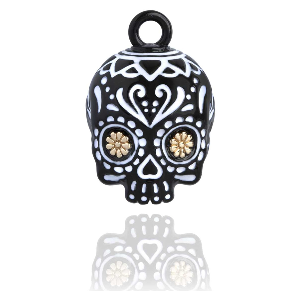 Black Skull Road Bell with Gold Flower Eyes Steel Horse Jewelry