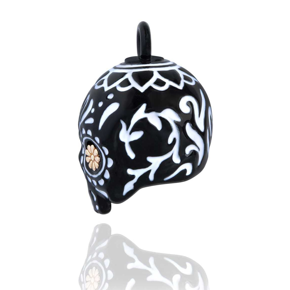 Black Skull Road Bell with Gold Flower Eyes