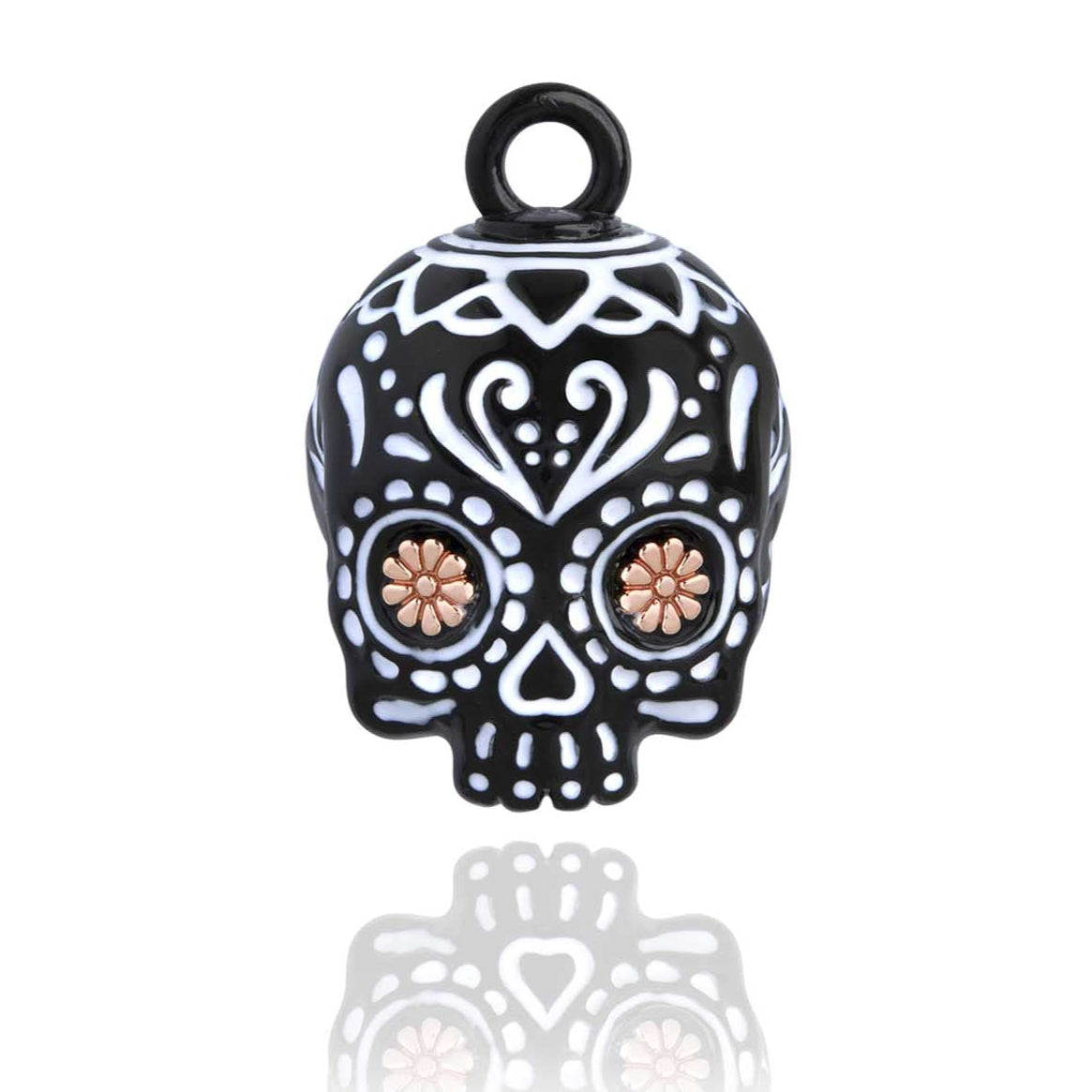 Black Skull Road Bell with Rose Gold Flower Eyes Steel Horse Jewelry