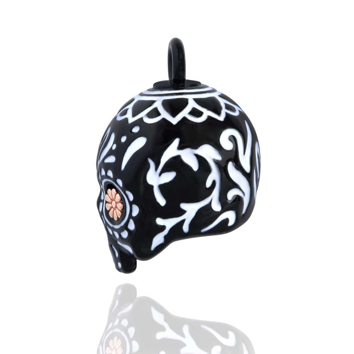 Black Skull Road Bell with Rose Gold Flower Eyes