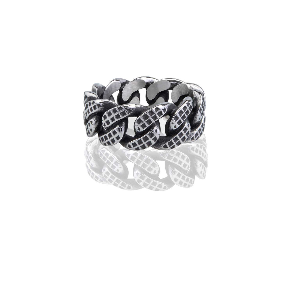 Checkered Curblink Band Ring Steel Horse Jewelry